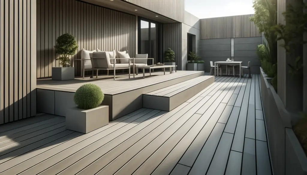 A sleek, modern deck constructed with recycled composite materials, demonstrating the beauty and quality of sustainable deck design trends
