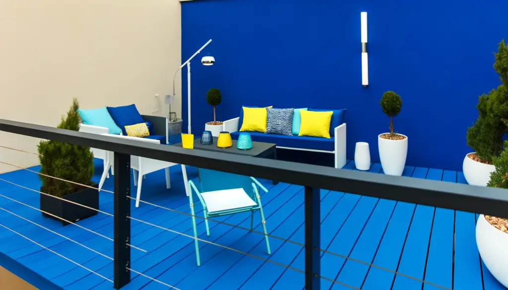 A deck painted in a bold blue, equipped with contrasting furniture and decorative accents for a fresh, modern look