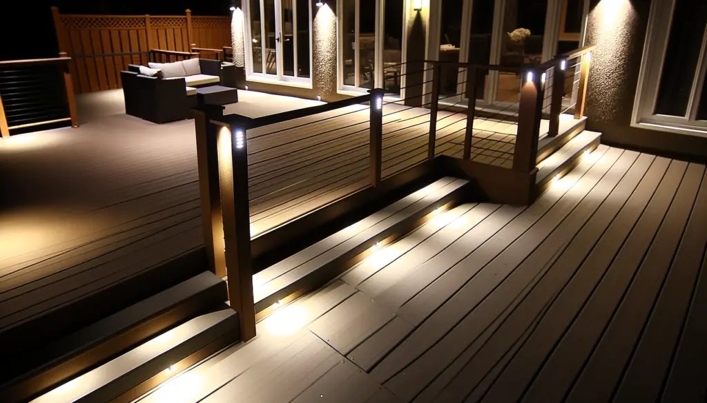 A beautifully illuminated deck featuring LED railing lights and stair lights, setting a serene mood for evening entertainment