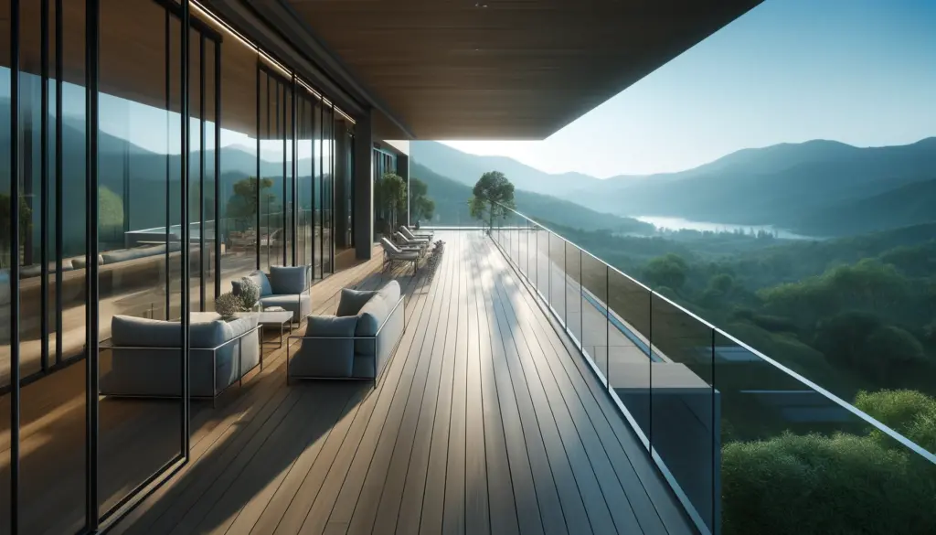 A luxurious deck overlooking a stunning landscape, bordered with sleek glass balustrades for an unobstructed view